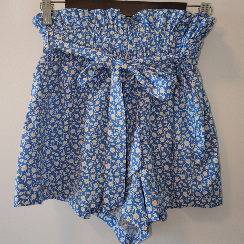 Daisy Floral Paperbag Shorts Women XL Blue High Waist Boho Summer Casual